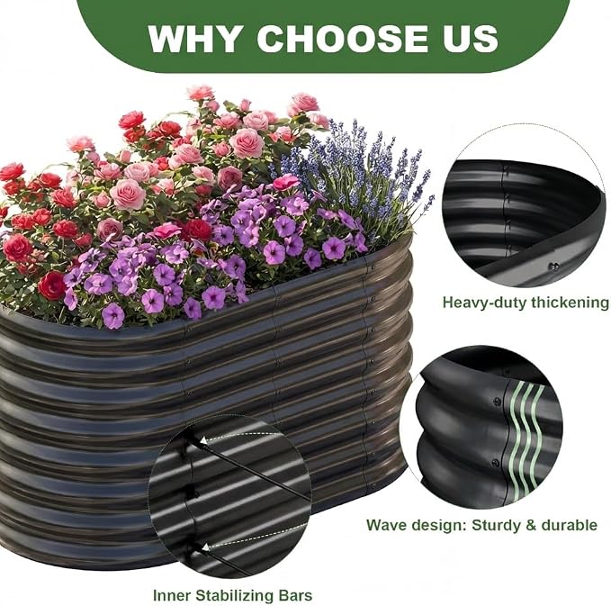 AHEONLAR 2 Pack 4×2×2ft Galvanized Raised Garden Bed Outdoor, Oval Sturdy and Durable Planter Boxes for Vegetables, Fruits, Flowers and Plants, Easy Assembly, Black