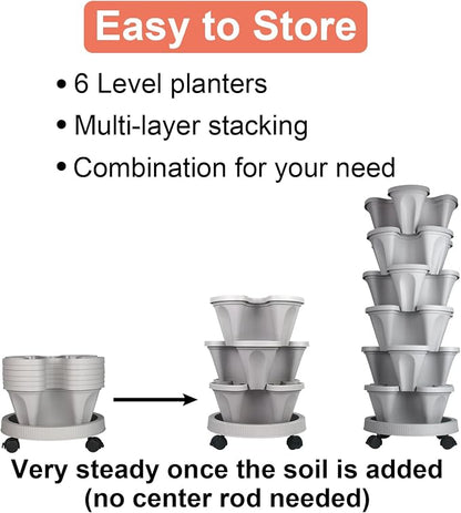 GameXcel Vertical Planter Tower - 6 Tier Stackable Garden Planters with Wheels and Tools Plant Pots for Strawberry Herb Flower and Vegetable Indoor Outdoor Use Gray