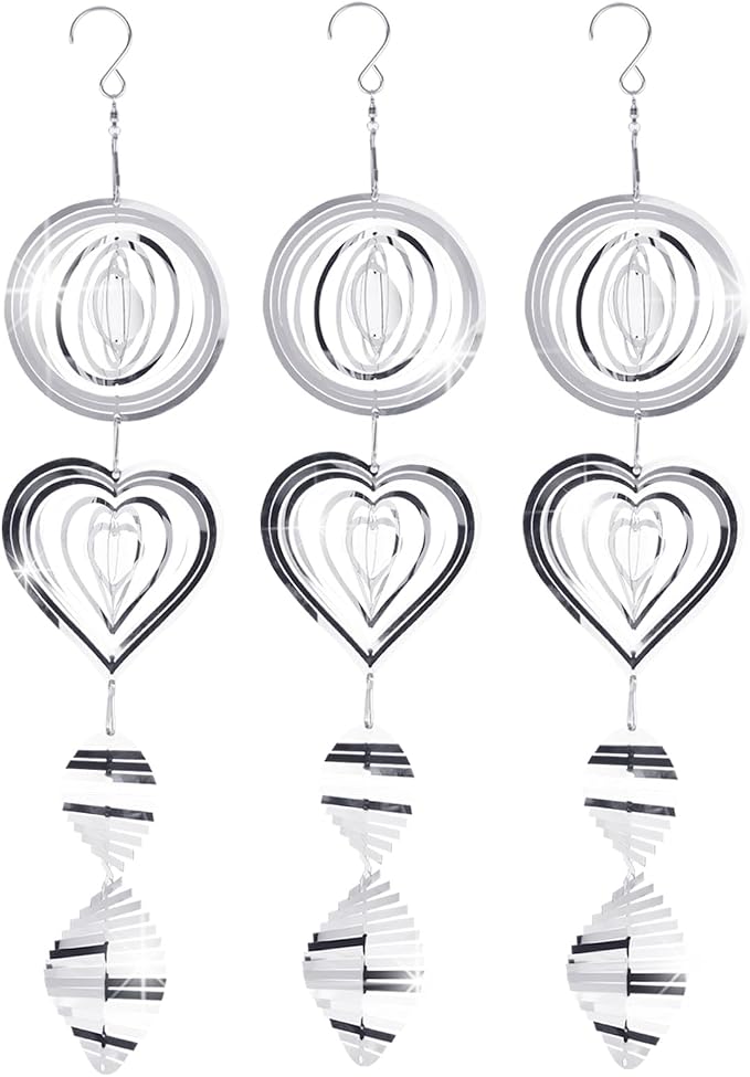 3 Sets Bird Frighten Devices for Outside, 3D Reflective Stainless Steel Wind Spinners Discs Bird Reflectors to Keep Woodpeckers, Pigeons Away from Window House Patio Yard Orchards