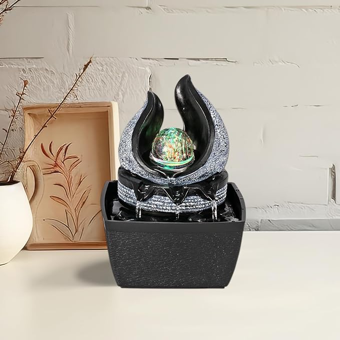 Tabletop Water Fountains Indoor, 3 Gears Desktop Fountain with Led Rolling Ball, Table Top Small Water Feature Interior Zen Relaxation Decor for Home Bedroom Living Room Office Apartment