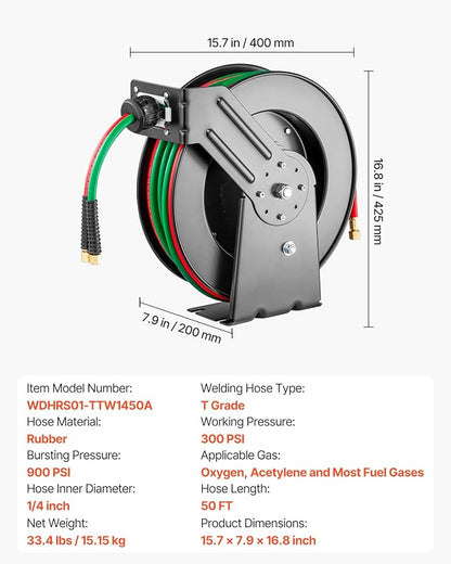 VEVOR Retractable Welding Hose Reel, 1/4-Inch x 50FT Twin Oxygen Acetylene Rubber Hose Max 300PSI - T Grade, Ceiling/Wall Mount Heavy Duty Steel Hose Reel Auto-Rewind, Ideal for Workshops Garages