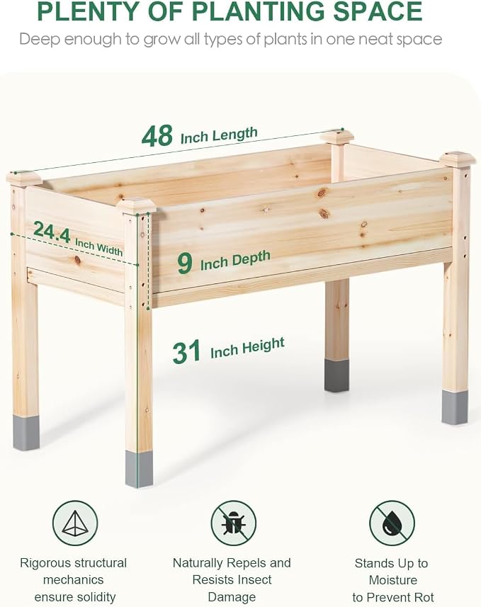 MIXC 331 lb Capacity Wooden Raised Garden Bed with Legs, 48x24x31 in. Elevated Reinforced Large Planter Box for Vegetable Flower Herb Outdoors - Beam and Column Structure - Unmatched Strength Outlast