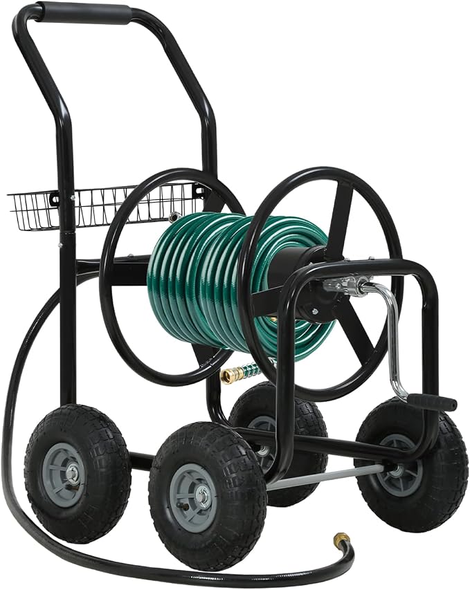 FDW Garden Hose Reel Cart, Water Hose Cart with 4 Wheels, Hold Up to 300 ft of 5/8’’ Hose，Heavy Duty Powder-Coated Steel Planting with Storage Basket, for Garden, Yard and Lawn