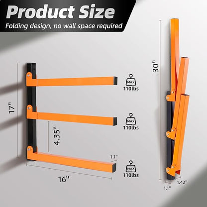 Lumber Storage Rack Wall Mounted 2 Pack, Wood Organizer with 3-Level Holds Up to 660LBS, Heavy Duty Folding Metal Garage Organizer for Indoor and Outdoor, Orange