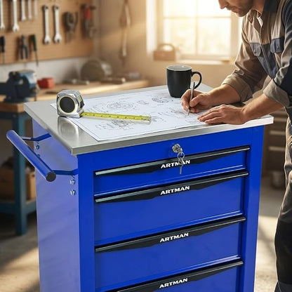 4-Drawer Rolling Tool Chest, Lockable Stainless Worktop for Garage, Blue | Heavy Duty Metal Tool Cabinet with Drawers on Wheels for Warehouse and Workshop Storage