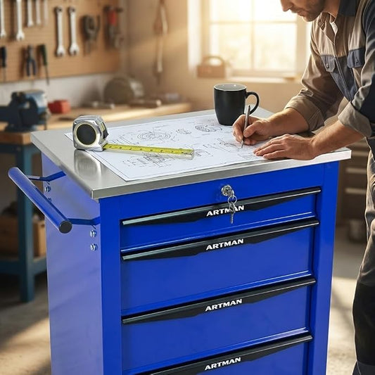 4-Drawer Rolling Tool Chest, Lockable Stainless Worktop for Garage, Blue | Heavy Duty Metal Tool Cabinet with Drawers on Wheels for Warehouse and Workshop Storage