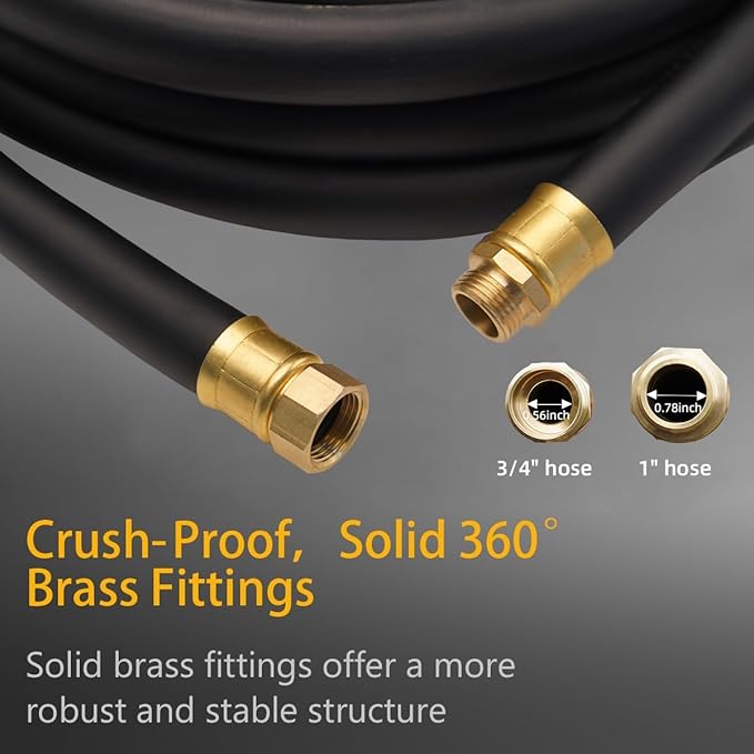 Guitrees 25FT ×1 inch Heavy Duty Rubber Garden Hose - 200psi Working, 1000psi Burst - Hot/Cold Water - Five-Layered Braiding for Durability - Versatile for Gardening, Agriculture, Construction(Black)