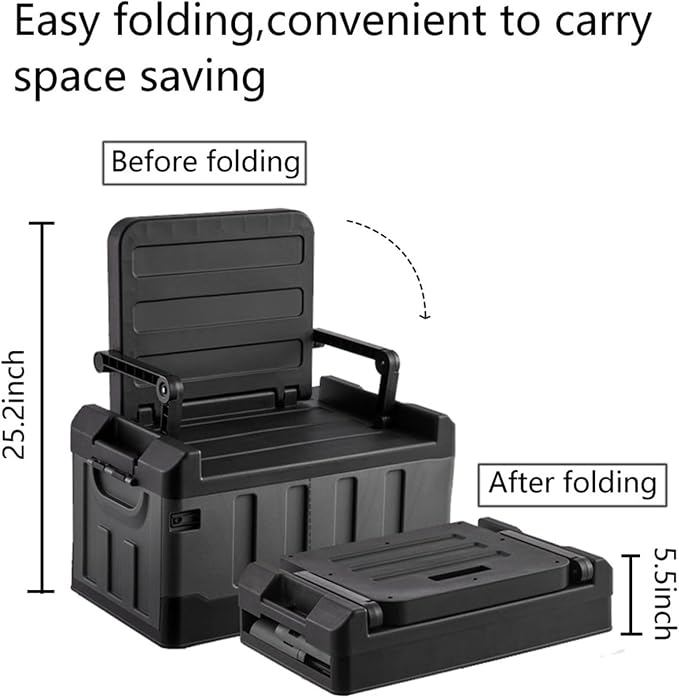 Versatile Foldable Seatable Camping Box Car Organizer Heavy Duty Storage Bins With Lids Box Trunk Chuck, Durable Plastic, 60L Can Store Camping Equipment in Large Capacit(black grey)
