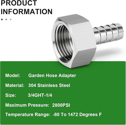 TAISHER 1PCS 304 Stainless Steel Garden Hose Repair Connector, 1/4" Barb x 3/4" GHT Female