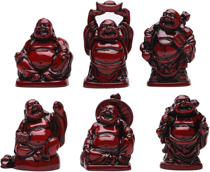 6Pcs 2in Red Resin Laughing Buddha Figurines, Tabletop Lucky Decor | Maitreya Buddha Statue, Flower Pot Statue, Home Office Desk Decor, Fengshui Collection Gift Ornaments