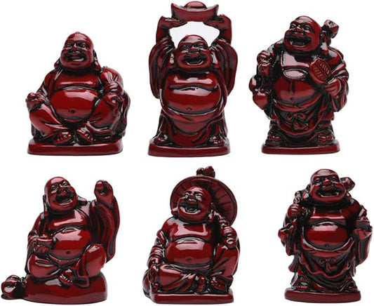 6Pcs 2in Red Resin Laughing Buddha Figurines, Tabletop Lucky Decor | Maitreya Buddha Statue, Flower Pot Statue, Home Office Desk Decor, Fengshui Collection Gift Ornaments