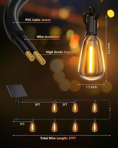 Brightown 37FT Solar String Lights Outdoor Waterproof with Remote & Timer, 10+1 LED Shatterproof Bulbs, USB/Solar Powered Dimmable Patio Lights for Garden Backyard Wedding Decor