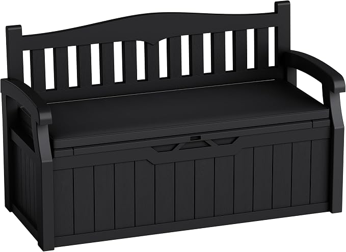 80-Gallon Outdoor Storage Bench with Cushion, Lockable Waterproof Deck Box with Armrests for Patio, Garden, Pool, Black