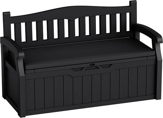 80-Gallon Outdoor Storage Bench with Cushion, Lockable Waterproof Deck Box with Armrests for Patio, Garden, Pool, Black
