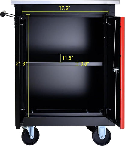 Heavy Duty Tool Chest, Lockable Stainless Top, Black&Red | Double-Door Mobile Tool Cabinet on Wheels for Garage Workshop and Storage