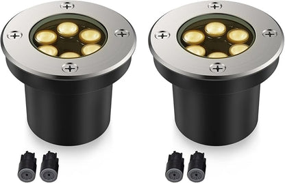 JESLED Outdoor Landscape Lights, Low Voltage In Ground Well Lights, 2 Pack | 3000K Warm White, 6W LED, 12V/24V, IP67 Waterproof, 5-Ton Pressure Resistant & 90° Beam for Driveway Decks Step Garden