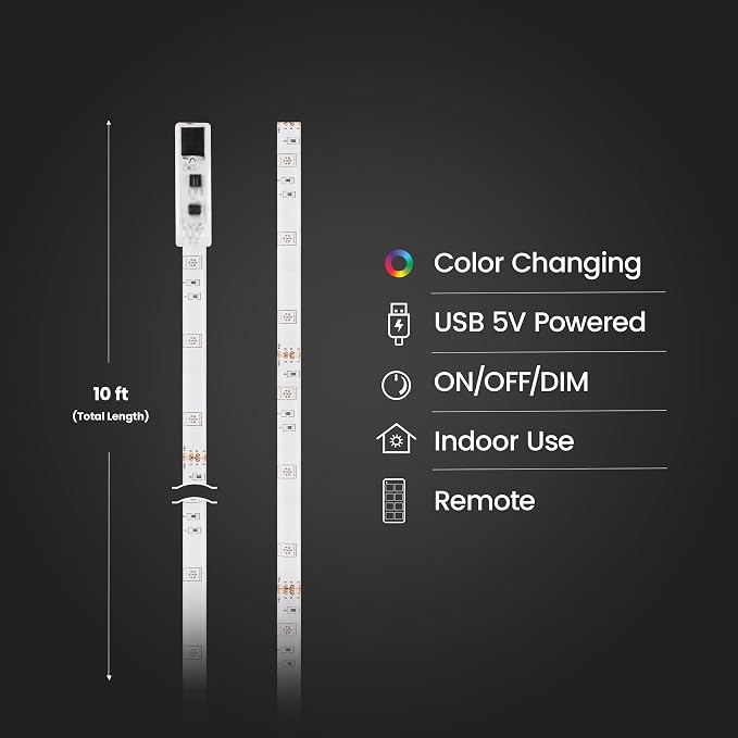 Feit Electric 10ft Color LED Tape Light, Dimmable, RGB Color with Remote Control, Cut-to-Fit Design, 5V USB-Powered Display Lighting, Indoor Use Only, 25,000-Hour Lifetime, TAPE120/RGB/USB