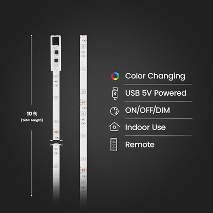 Feit Electric 10ft Color LED Tape Light, Dimmable, RGB Color with Remote Control, Cut-to-Fit Design, 5V USB-Powered Display Lighting, Indoor Use Only, 25,000-Hour Lifetime, TAPE120/RGB/USB