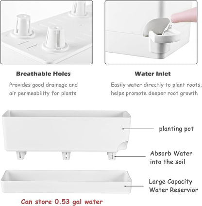 2 Pack Self Watering Pots for Indoor Plants 17 Inches Window Boxes Planters Rectangular Flower Pots Rectangle Herb Pots Large Plant Pots with Drainage Holes and Saucers Windowsill Planter, White