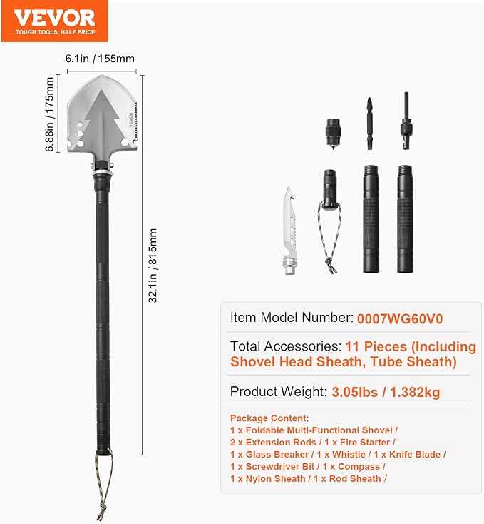 VEVOR Survival Shovel, 11 in 1 Camping Shovel Folding Multitool Kit, Portable and Compact, Stainless Steel, Multifunction for Off-Roading, Camping, Hiking, Outdoor, Survivalist and Emergency
