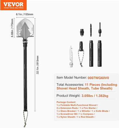 VEVOR Survival Shovel, 11 in 1 Camping Shovel Folding Multitool Kit, Portable and Compact, Stainless Steel, Multifunction for Off-Roading, Camping, Hiking, Outdoor, Survivalist and Emergency