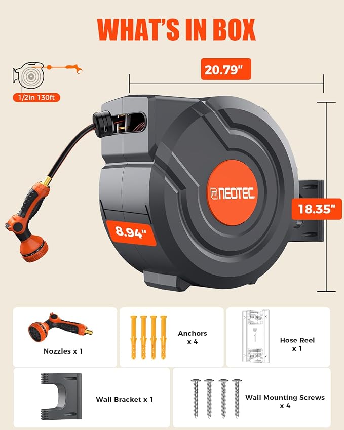130FT Retractable Garden Hose Reel 1/2 Inch, Heavy Duty Wall Mounted Water Hose with Metal Bracket, Auto-Lock, Slow Return, 180° Swivel & 9-Pattern Spray Nozzle, UV Resistant Outdoor