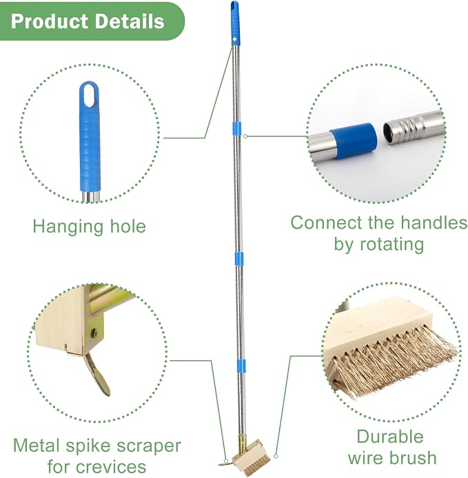 Crack Weeder, Moss Remover Tool, Manual Crevice Weeding Tool, Weed Puller Grout Brush with 66-inch Long Handle for Deck, Paver, Patio, Walkway, Driveway - 2 Weed Brush Heads 07