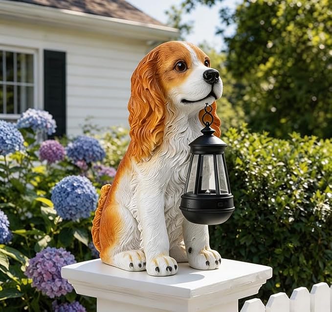 Afirst Dog Garden Statue - Outdoor Decor with Solar Lantern Valentine's Day Gift Lovely American Cocker Spaniel Figurine Patio Lawn Yard Art Ornaments Housewarming Gift