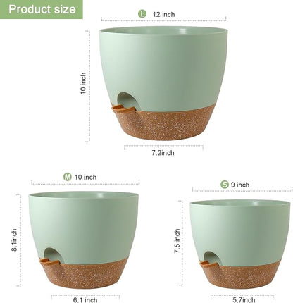 WSMKSZ Big Self Watering Pots 12/10/9 inch, Planter, Plant Pots with Mesh Drainage Holes for Indoor Outdoor Garden Plants, Plastic Flower Pots with Removable Deep Reservoir, Green with Brown