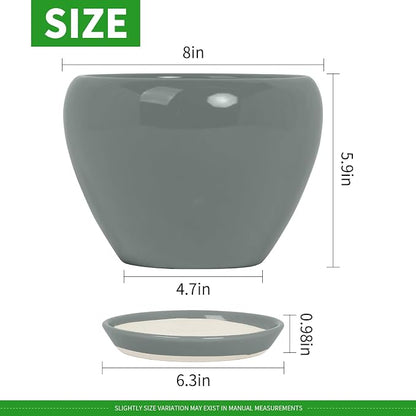 Deep Dream 8 Inch Plant Pots- Ceramic Pots for Plants with Drainage Hole and Saucer, Large Planter Pot for Indoor Plants Outdoor Decor, Grey