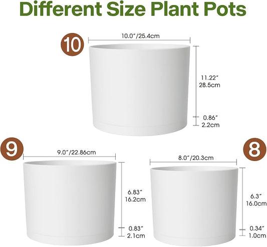 GARDIFE 10/9/8 Inch Modern Cylinder Planter, Plant Pots for Indoor Outdoor Plants, Flower Pots with Drainage Holes and Saucers for Garden Succulent Nursery House Plants (White)