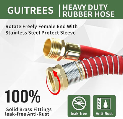 Guitrees 25FT 5/8 Heavy Duty Rubber Garden Hose - 300psi Working, 1000psi Burst - Hot/Cold Water - Five-Layered Braiding for Durability - Versatile for Gardening, Agriculture, Construction(Red)