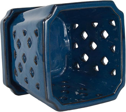 W&W Ceramic Orchid Pot with Holes and Saucer for Repotting, Blue, 7"