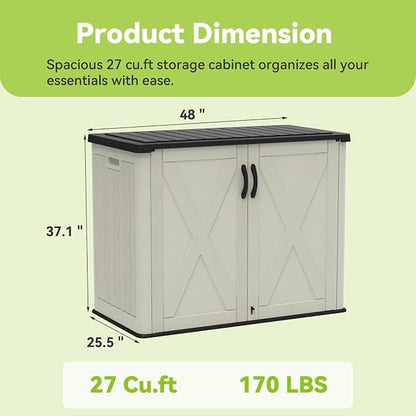 Devoko 26 Cu Ft Plastic Outdoor Storage Cabinet, Beige | Horizontal Resin Storage Shed with Lockable Door, Water-Resistant Backyard Storage Box for Garden Patio, Shelf Not Included