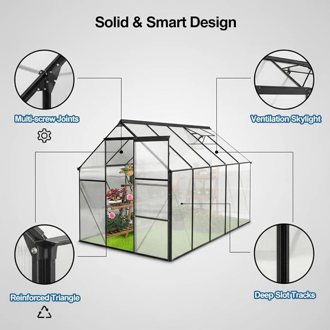 6x8 FT Greenhouse, Walk-in Polycarbonate Greenhouses with Sliding Doors, Aluminum Frame, Adjustable Roof Vent, Raised Base & Anchor, Outdoor Backyard Greenhouse for All Seasons, Black