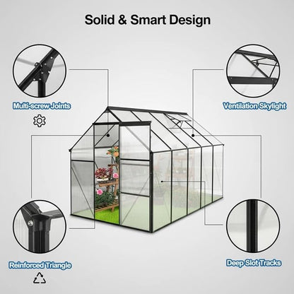 6x8 FT Greenhouse, Walk-in Polycarbonate Greenhouses with Sliding Doors, Aluminum Frame, Adjustable Roof Vent, Raised Base & Anchor, Outdoor Backyard Greenhouse for All Seasons, Black