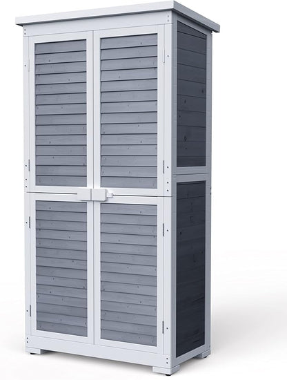 Gizoon Outdoor Storage Cabinet with 3 Shelves, Double Lockable Wooden Garden Shed with Waterproof Roof, Outside Vertical Tall Tool Shed for Yard Patio Lawn Deck-Grey