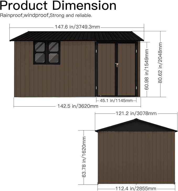KEIKI 12x10 Ft Metal Outdoor Storage Shed Garden with Window, Foldable Worktable & Shelves, Lockable Door, Waterproof Apex Roof Heavy Duty Tool House for Backyard Garden Lawn, Brown