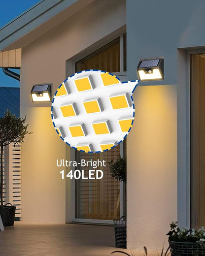 Peasur Solar Lights Outdoor Waterproof [3 Pack/140LED], Warm White Motion Sensor Lights Dusk to Dawn, 3 Modes Solar Fence Security Lighting for Wall Garden Yard Stair Outside