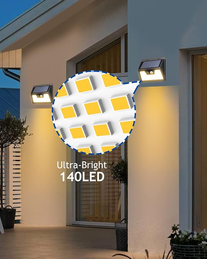 Peasur LED Solar Lights Outdoor Motion Sensor, 2 Packs Waterproof Solar Power Fence Security Lighting, 3 Mode Yard Deck Lamp for Wall Stairs Home Outside Warm White