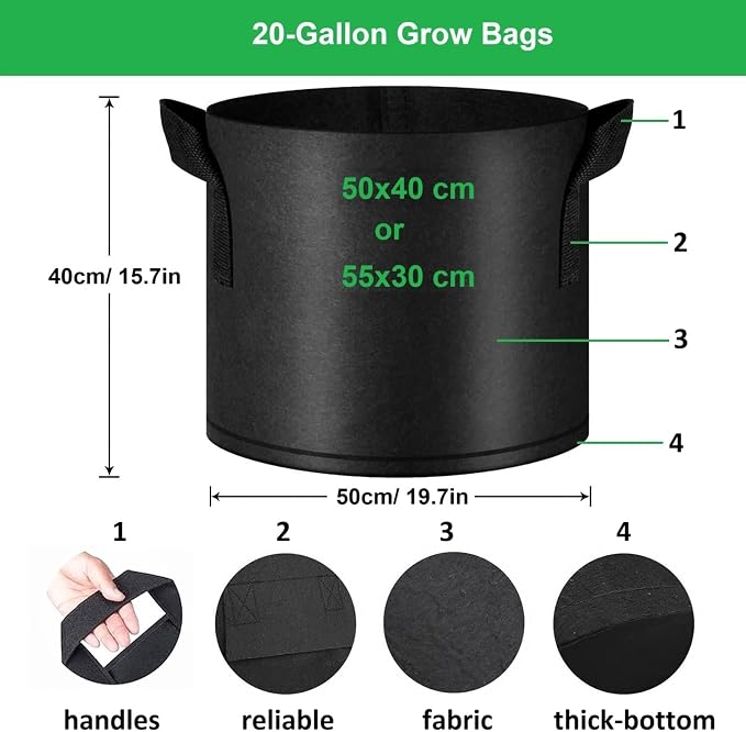 ANSLYQA 20-Gallon Grow Bags, (10 Pack) Thickened Aeration Fabric Growing Pots Planters with Handles for Planting Vegetables Plants, Black