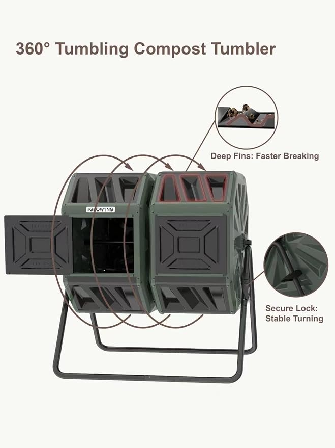 THE Growing 53 Gallon Large Outdoor Compost Bin Tumbler Barrel, Green | Dual 26.5gal lawn-matching chambers for bulk waste. Reinforced frame adds stability. Easy outdoor bolt structure assembly.