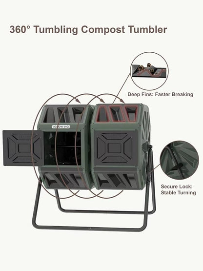 THE Growing 53 Gallon Large Outdoor Compost Bin Tumbler Barrel, Green | Dual 26.5gal lawn-matching chambers for bulk waste. Reinforced frame adds stability. Easy outdoor bolt structure assembly.