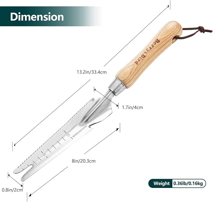 Berry&Bird Garden Hand Weeding Trowel, 5-in-1 Stainless Steel Weeder Puller | 13.2'' Garden Weeding Tool with Wooden Handle, Weed Puller & Digging Knife for Weeder Removal Planting Transplanting Cutting
