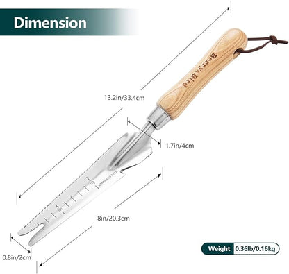 Berry&Bird Garden Hand Weeding Trowel, 5-in-1 Stainless Steel Weeder Puller | 13.2'' Garden Weeding Tool with Wooden Handle, Weed Puller & Digging Knife for Weeder Removal Planting Transplanting Cutting
