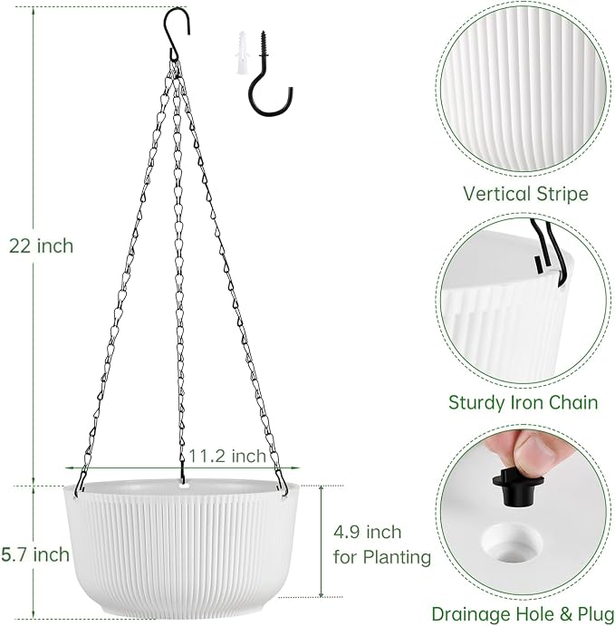12 Inch Hanging Pots for Indoor Outdoor Plants Set of 2 | Self-Watering Hanging Planters with Internal Saucers, Drainage Holes & Plugs (Hooks)