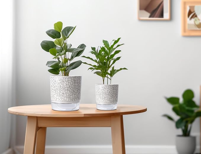 Self Watering Pots for Indoor Plants, 5 & 4 Inch Stylish Flower Pots, Set of 4 Modern Planters with Self Watering Plant Feature (Crack Texture)