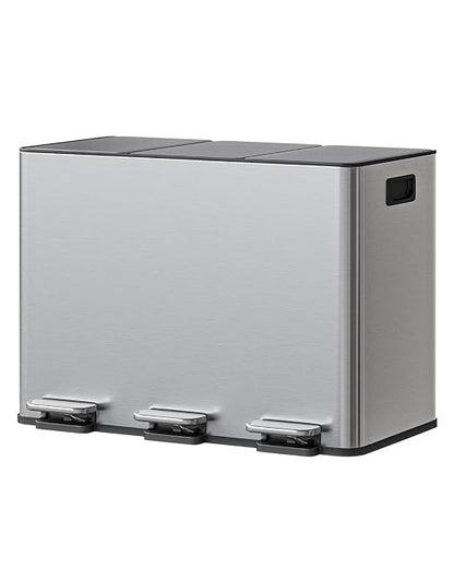 GarveeHome 3-in-1 Stainless Steel Recycling Trash Can, 3 x 4 Gallon (12 Gal Total) Triple Compartment Kitchen Garbage Bin with Soft-Close Step Lid, Hands-Free Waste Sorting for Home, Silver