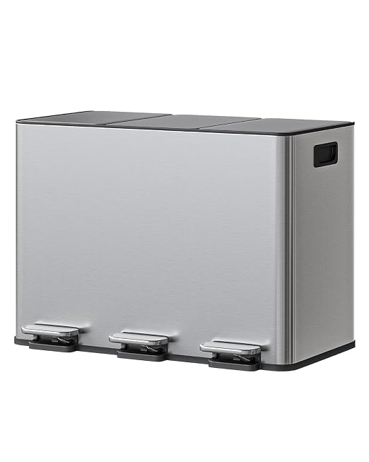 GarveeHome 3-in-1 Stainless Steel Recycling Trash Can, 3 x 4 Gallon (12 Gal Total) Triple Compartment Kitchen Garbage Bin with Soft-Close Step Lid, Hands-Free Waste Sorting for Home, Silver