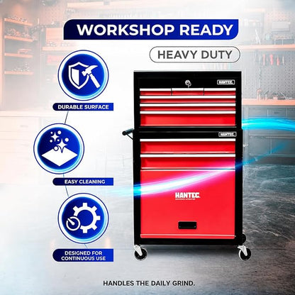Hantec Tool Chest 9-Drawer Rolling Cabinet – Heavy-Duty Steel with Lockable Wheels, Keyed Lock & Ball-Bearing Drawers, 220 lbs Capacity, 20.1" W x 39.4" H, Organizer for Garage & Workshop (Red)